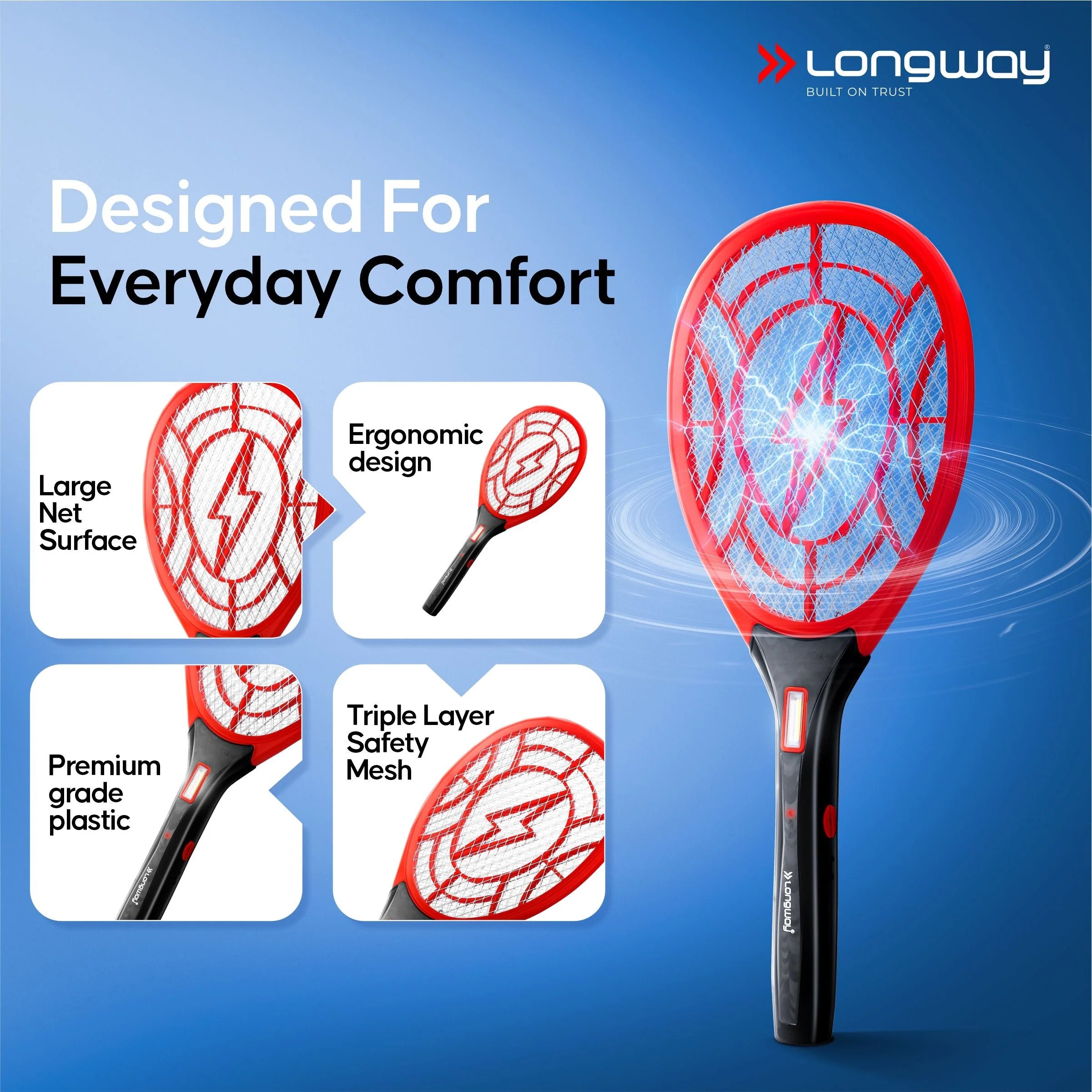 Longway Zappy Rechargeable Mosquito Racket | 3500V DC Voltage on the Net Mesh| Insect Killer Bat | 500mAH Battery | Large Net Area for Better Coverage | Long Lasting Internal Battery | 1 Year Warranty (Black) - Image 4