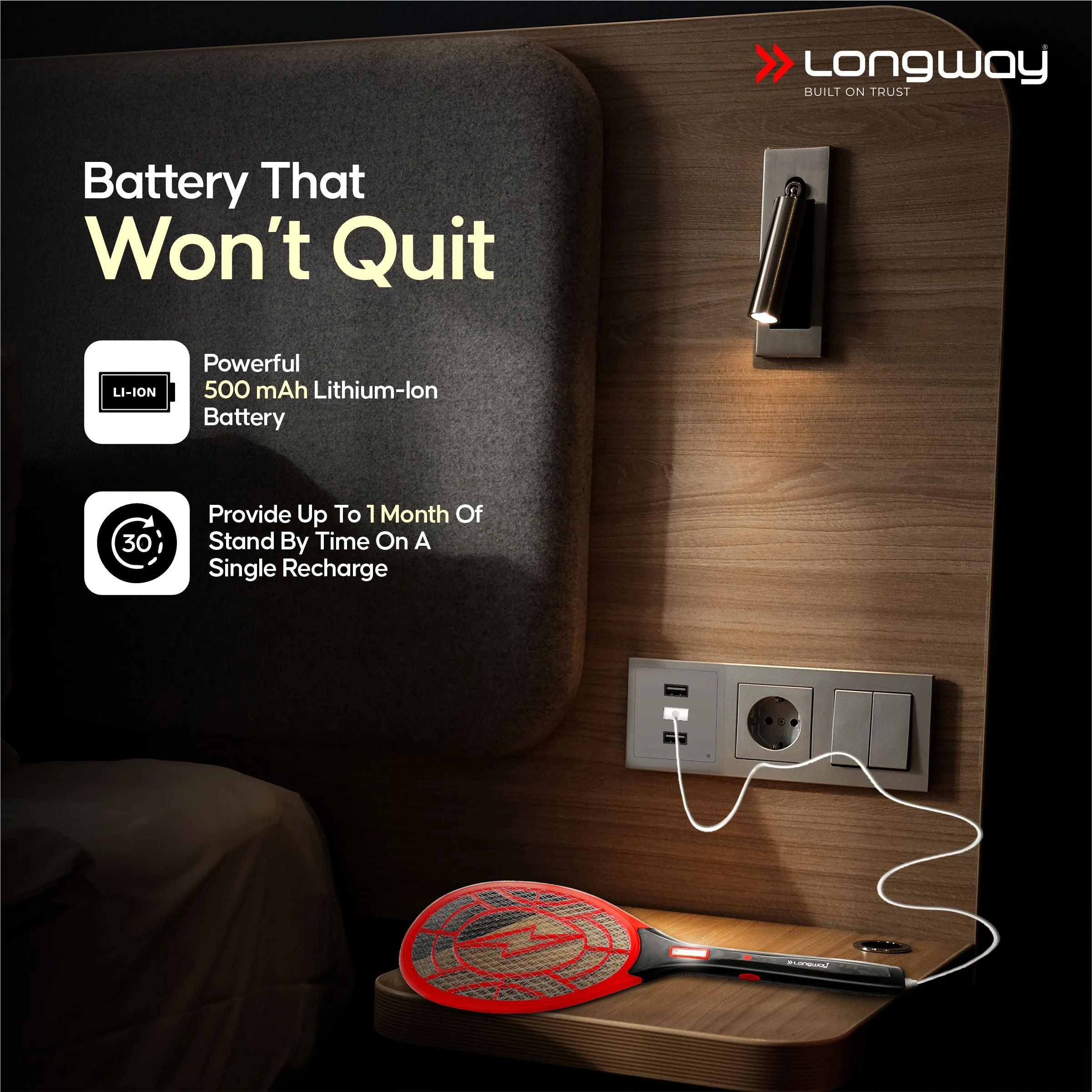 Longway Zappy Rechargeable Mosquito Racket | 3500V DC Voltage on the Net Mesh| Insect Killer Bat | 500mAH Battery | Large Net Area for Better Coverage | Long Lasting Internal Battery | 1 Year Warranty (Black) - Image 6