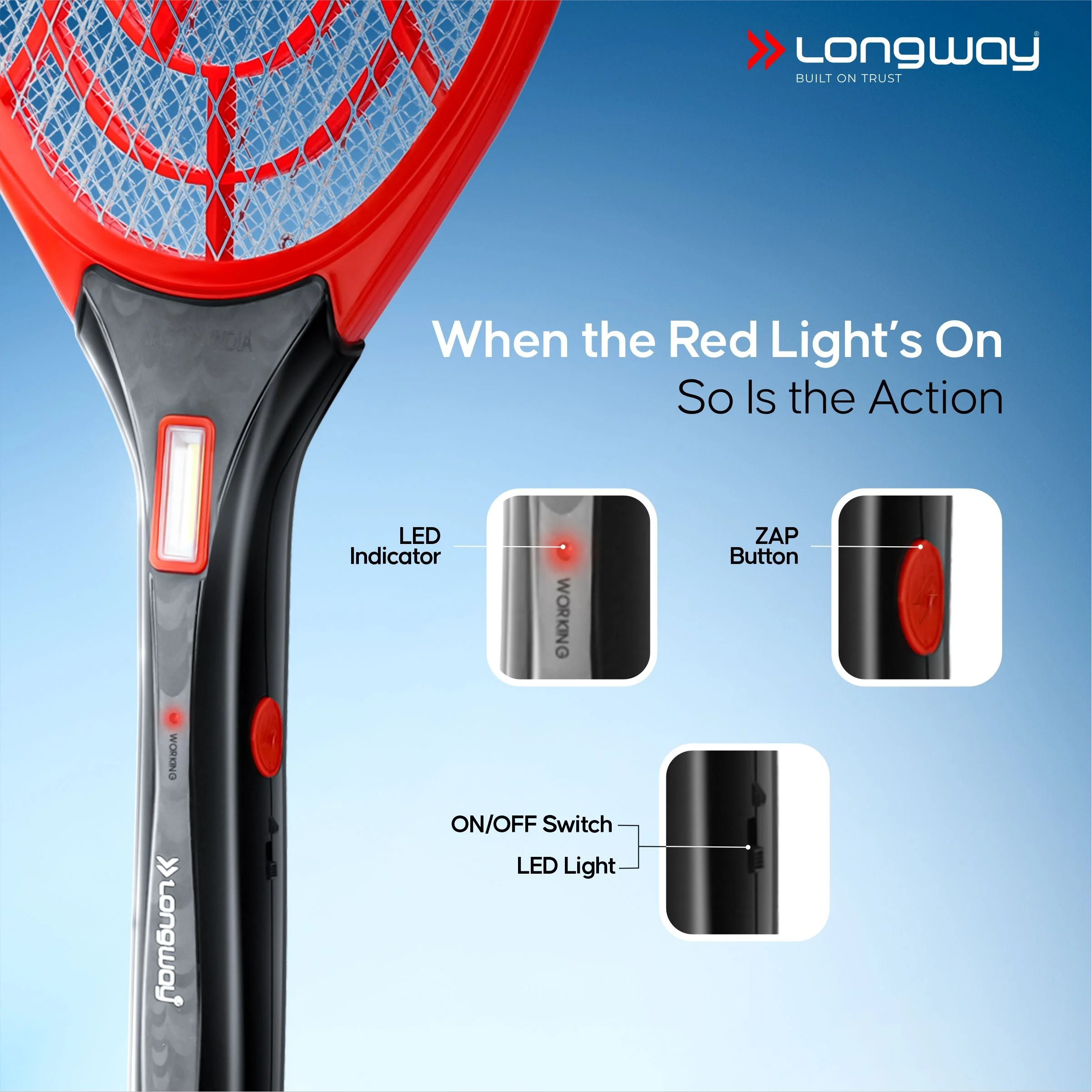 Longway Zappy Rechargeable Mosquito Racket | 3500V DC Voltage on the Net Mesh| Insect Killer Bat | 500mAH Battery | Large Net Area for Better Coverage | Long Lasting Internal Battery | 1 Year Warranty (Black) - Image 7