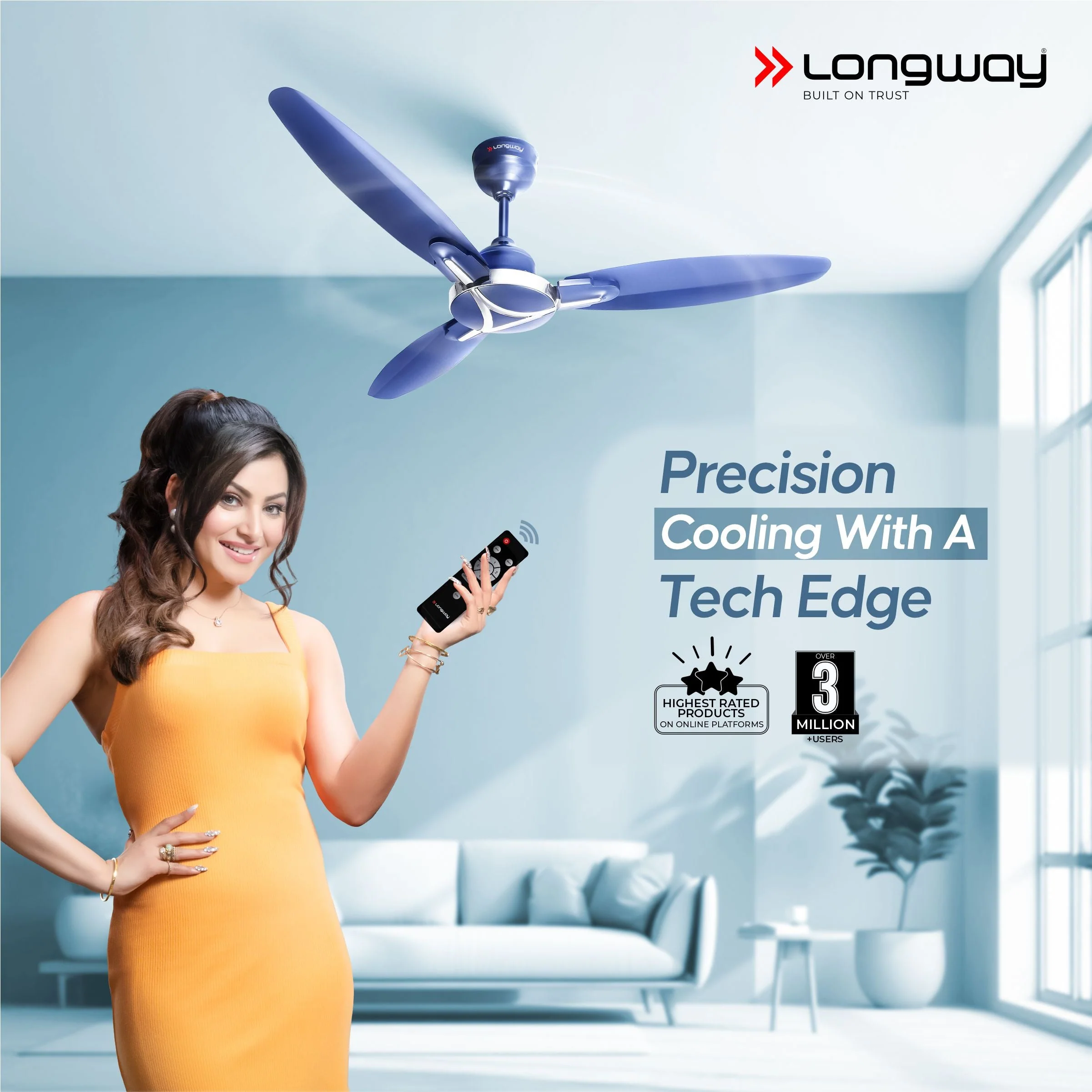 Longway Zephyr 1200 mm BLDC Ceiling Fan with Remote Control | BEE 5 Star Rated Energy Efficient | Ultra High Speed 3 Blade Anti-Dust Decorative Ceiling Fan | 3 Year Warranty (Silver Blue, Pack of 1) - Image 2