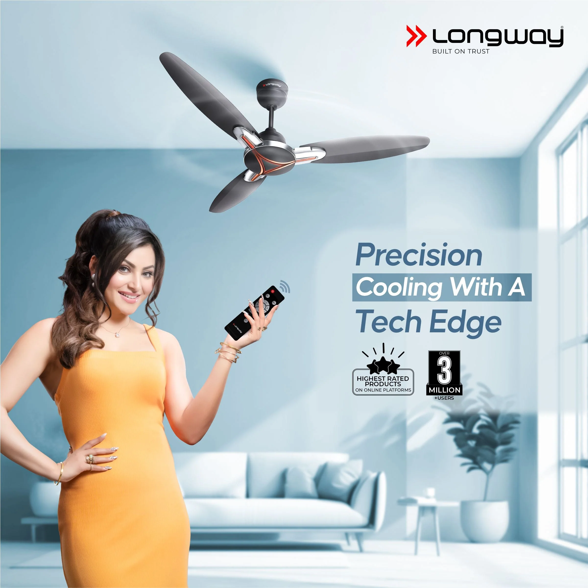 Longway Zephyr 1200 mm BLDC Ceiling Fan with Remote Control | BEE 5 Star Rated Energy Efficient | Ultra High Speed 3 Blade Anti-Dust Decorative Ceiling Fan | 3 Years Warranty (Smoked Brown, Pack of 1) - Image 2