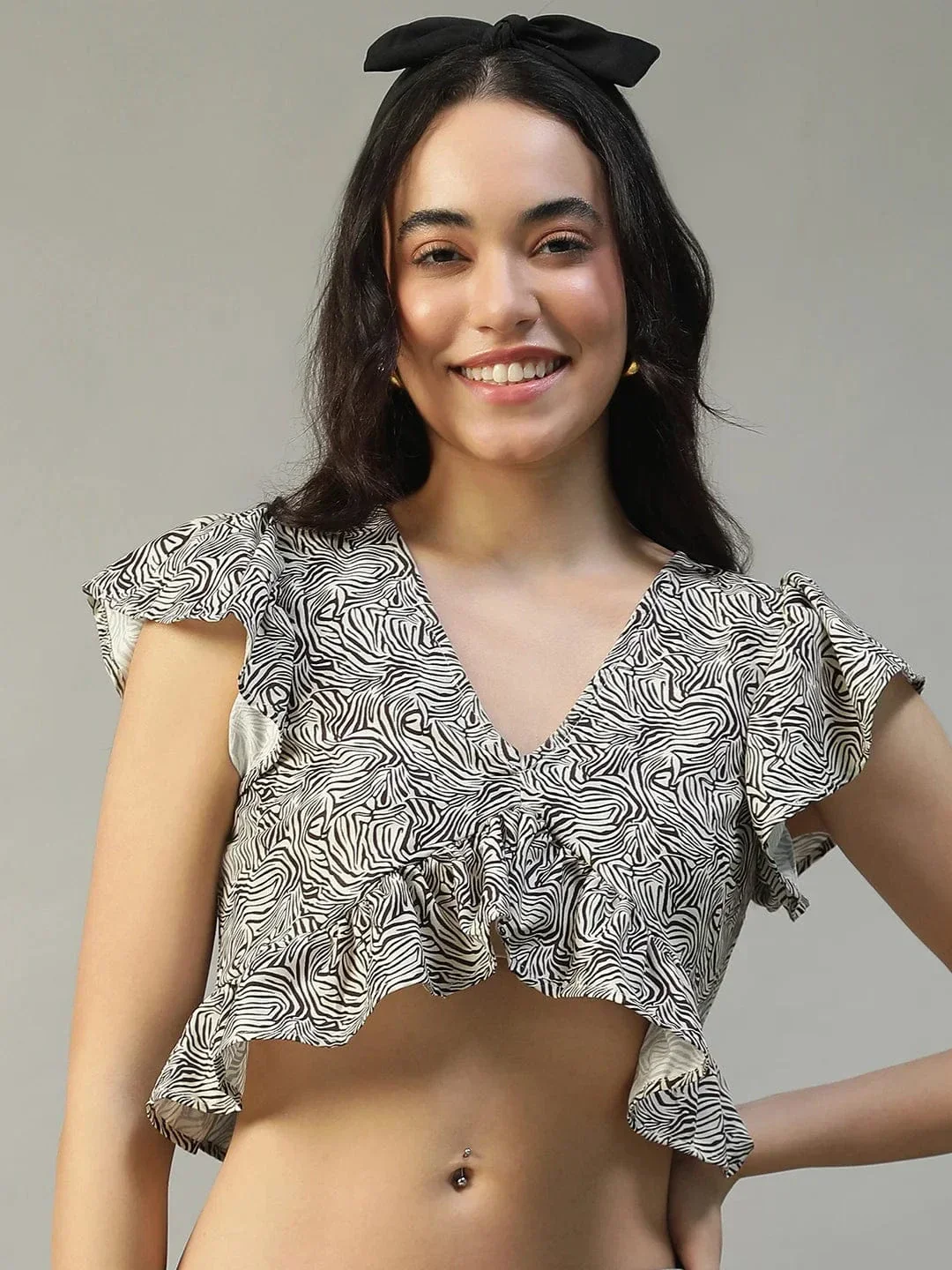 Loud Brown Animal Print Short Sleeve Ruffle Detail Women Crop Top in Slub Fabric