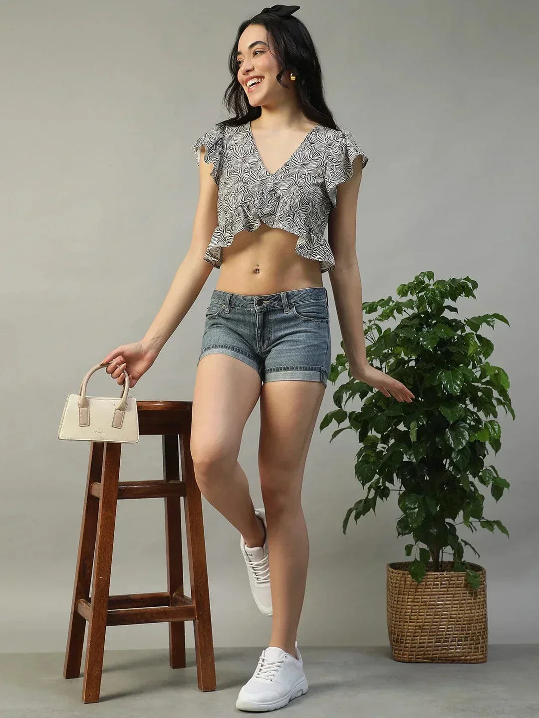 Loud Brown Animal Print Short Sleeve Ruffle Detail Women Crop Top in Slub Fabric - Image 2