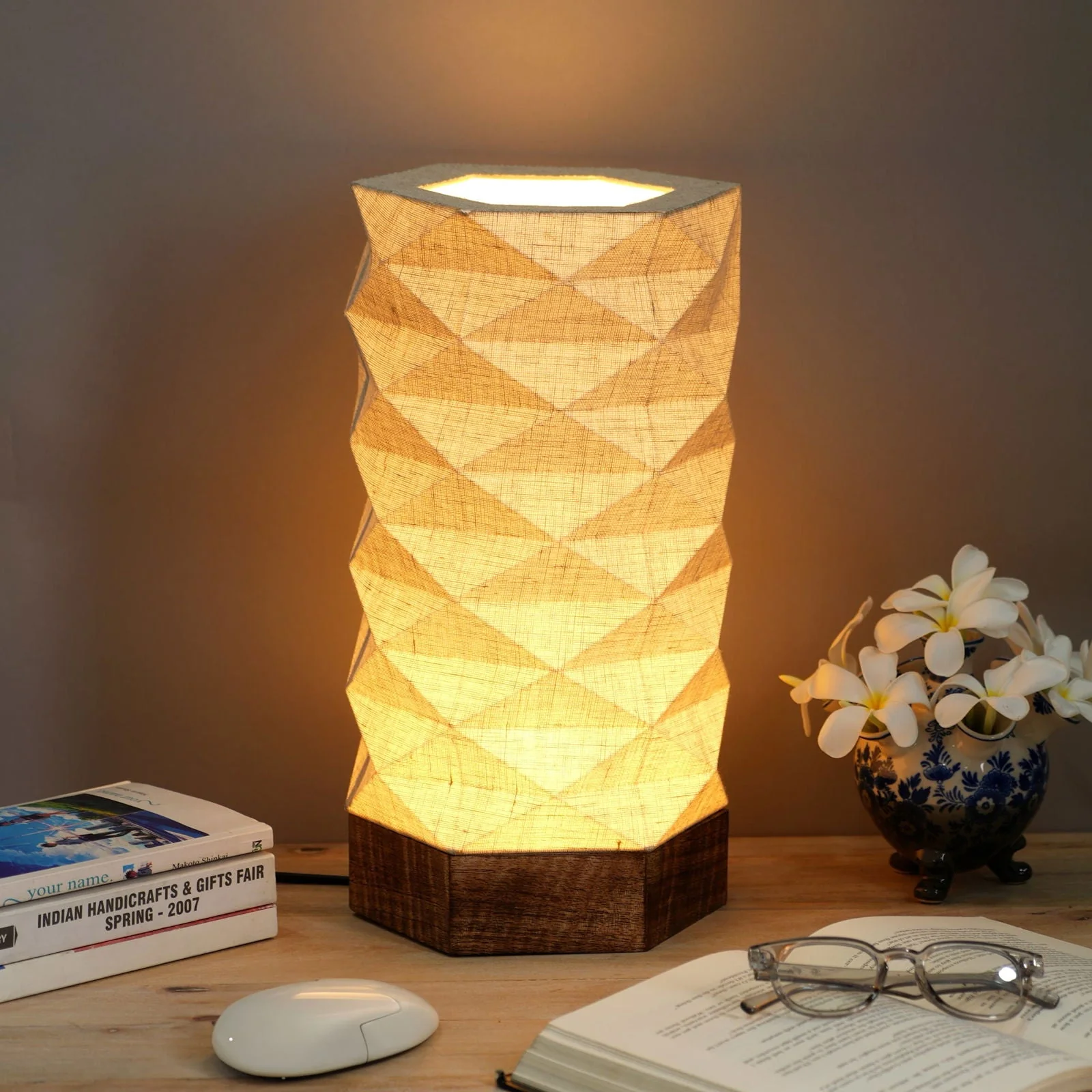 Lumi Hexa Table Lamp - Origami Inspired Design, 100% European Linen, Mango Wood Base - Image 3