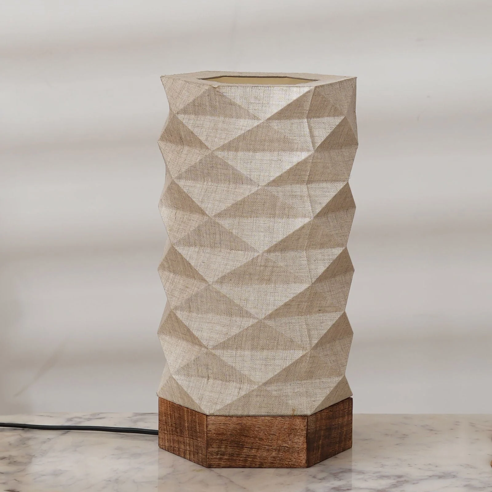 Lumi Hexa Table Lamp - Origami Inspired Design, 100% European Linen, Mango Wood Base - Image 4