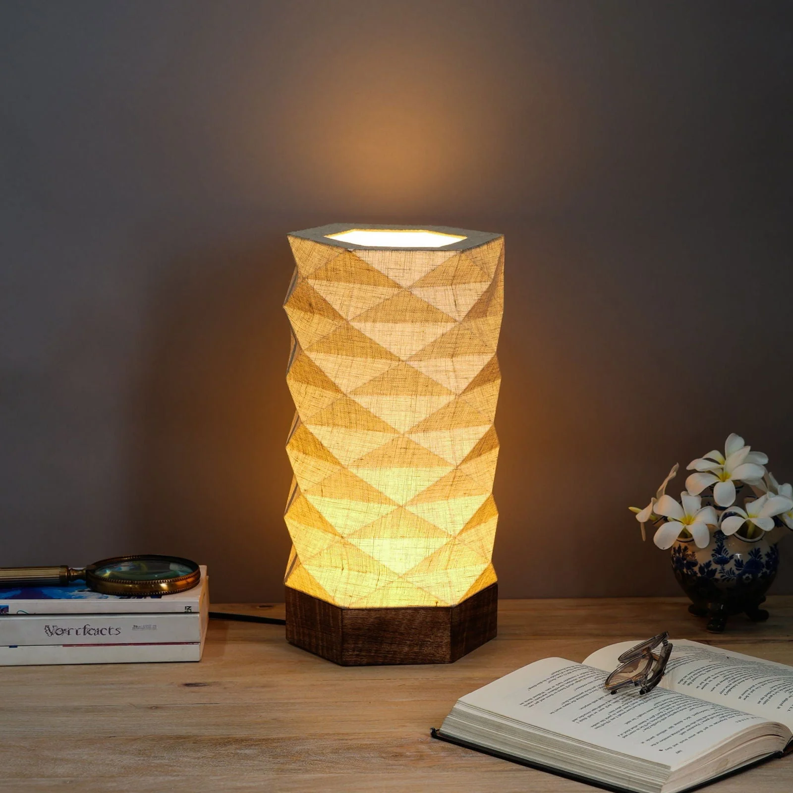Lumi Hexa Table Lamp - Origami Inspired Design, 100% European Linen, Mango Wood Base - Image 5