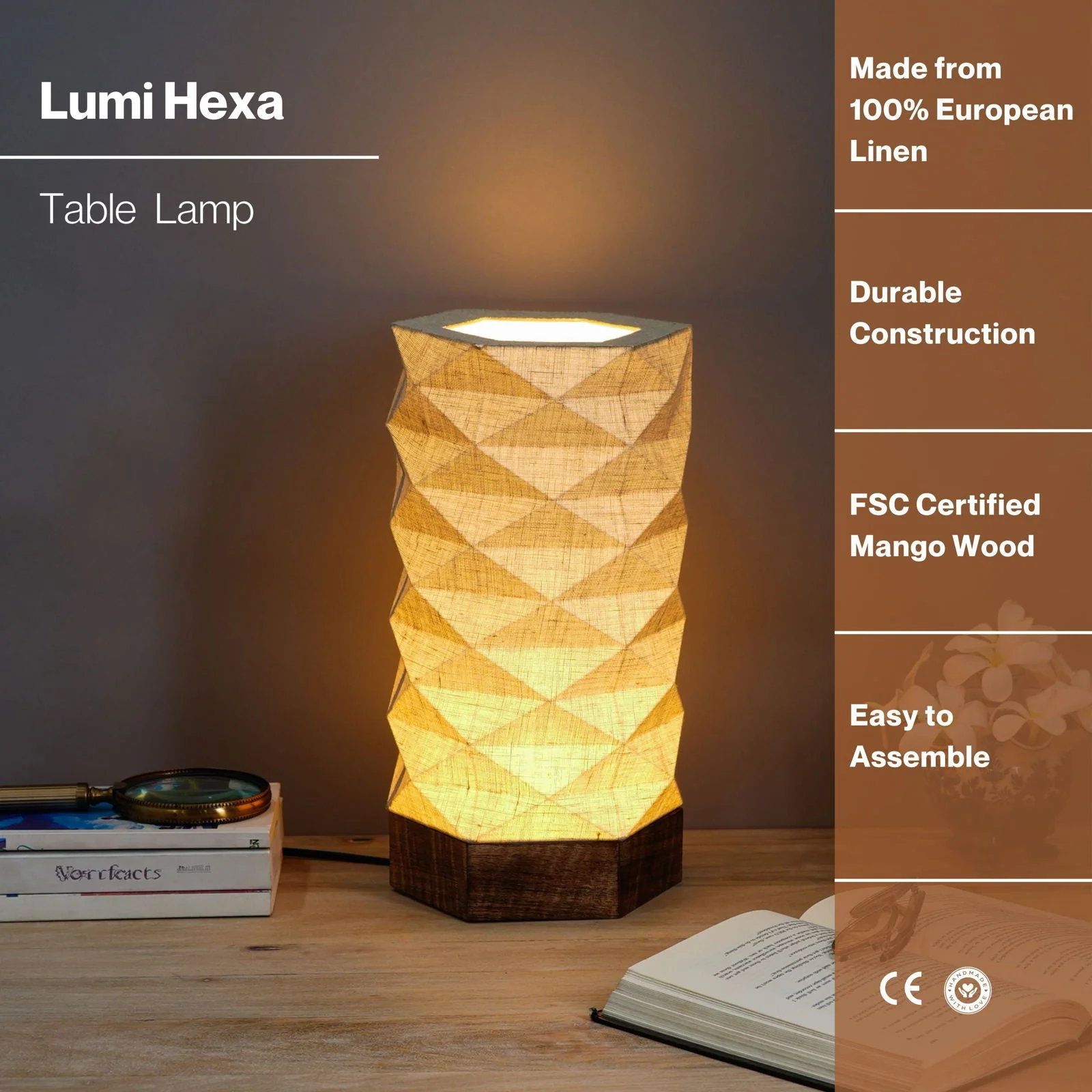Lumi Hexa Table Lamp - Origami Inspired Design, 100% European Linen, Mango Wood Base - Image 7