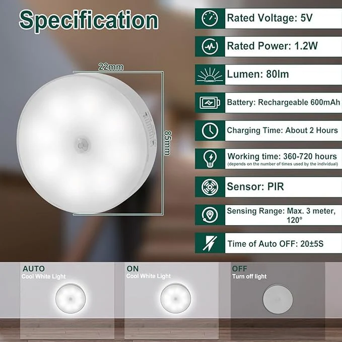 Lumiq: Motion Sensor LED Night Light, USB Rechargeable, Auto-On Cabinet Light with Warm Glow for Wardrobe, Stairs, Hallway, Kitchen & Closet Use - Image 6