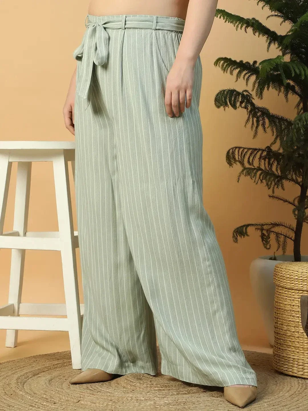 Lush Light Green Elasticated With Tie-Up Waist Belt Stripe Print Straight Plus Size Women Pant - Image 4