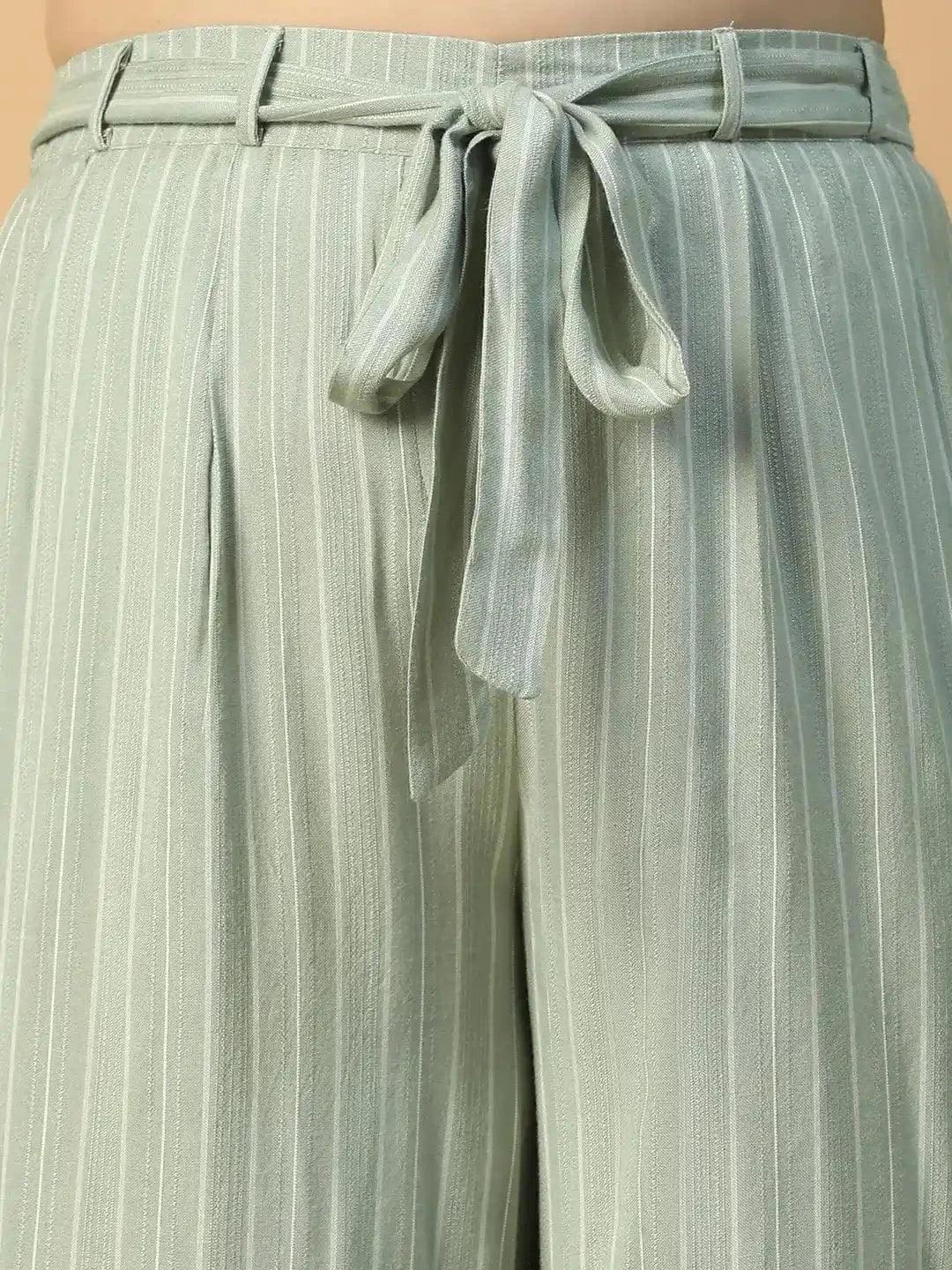 Lush Light Green Elasticated With Tie-Up Waist Belt Stripe Print Straight Plus Size Women Pant - Image 7