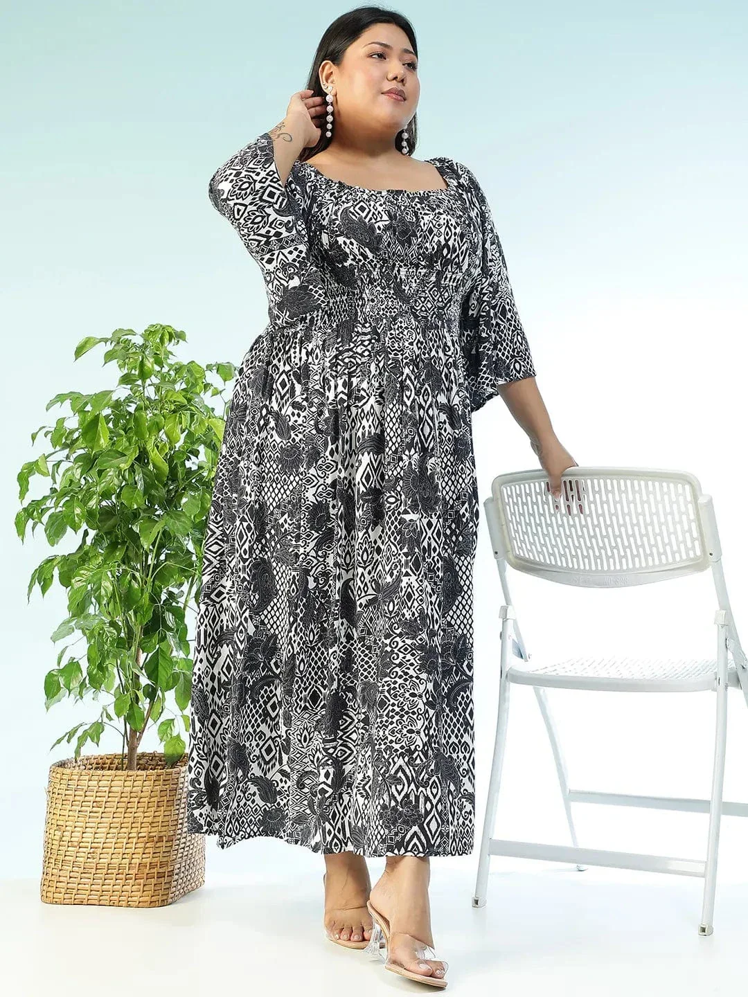 Lushcore Black Floral Print Long Sleeve Smocked Long Flare Plus Size Women Dress - Image 5