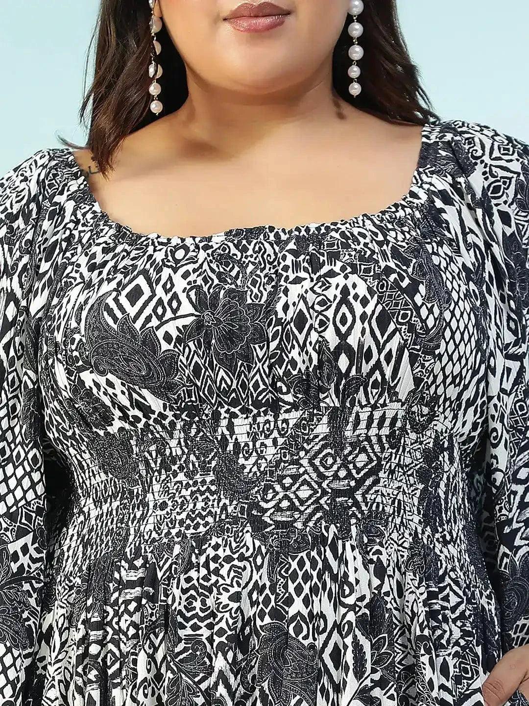 Lushcore Black Floral Print Long Sleeve Smocked Long Flare Plus Size Women Dress - Image 7