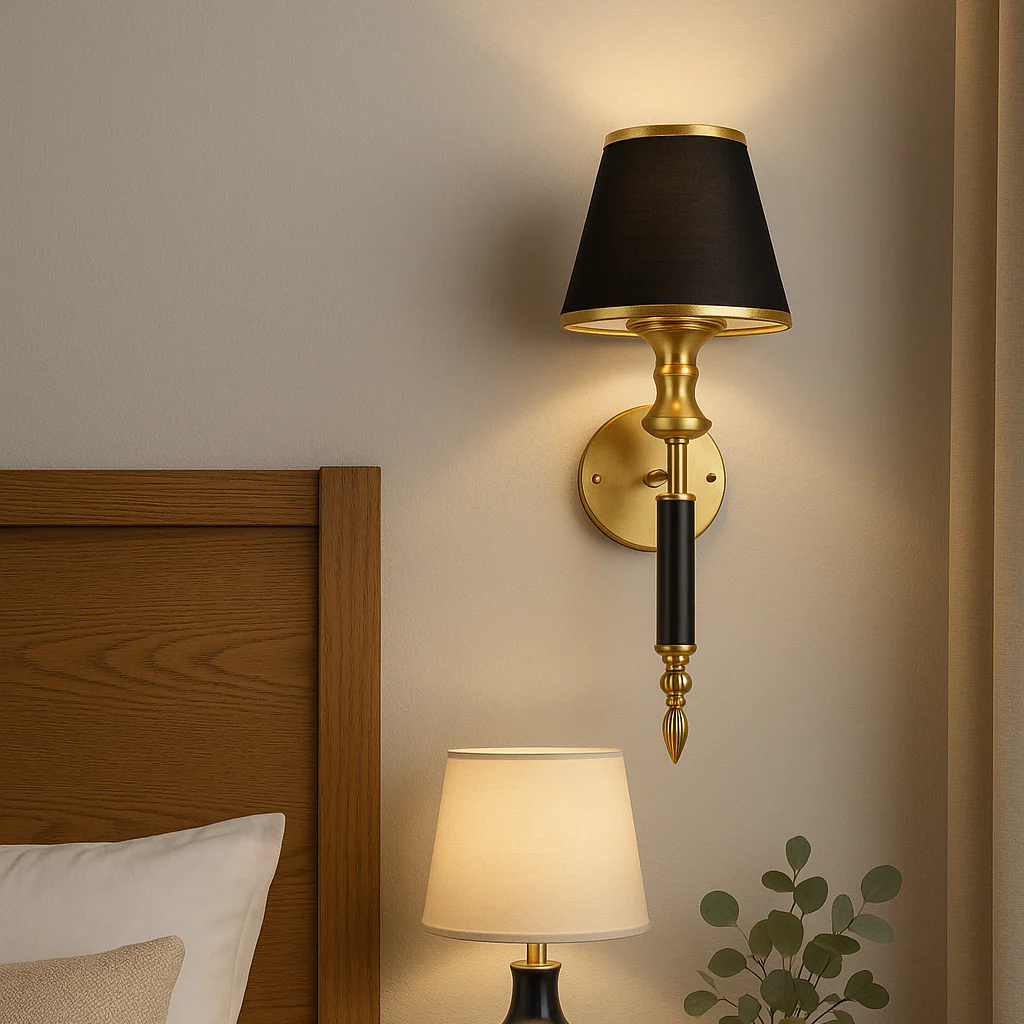 Luxury Brass & Black Wall Sconce Light with Fabric Shade – Elegant Decorative Wall Lamp for Living Room, Bedroom & Hallway - Image 2