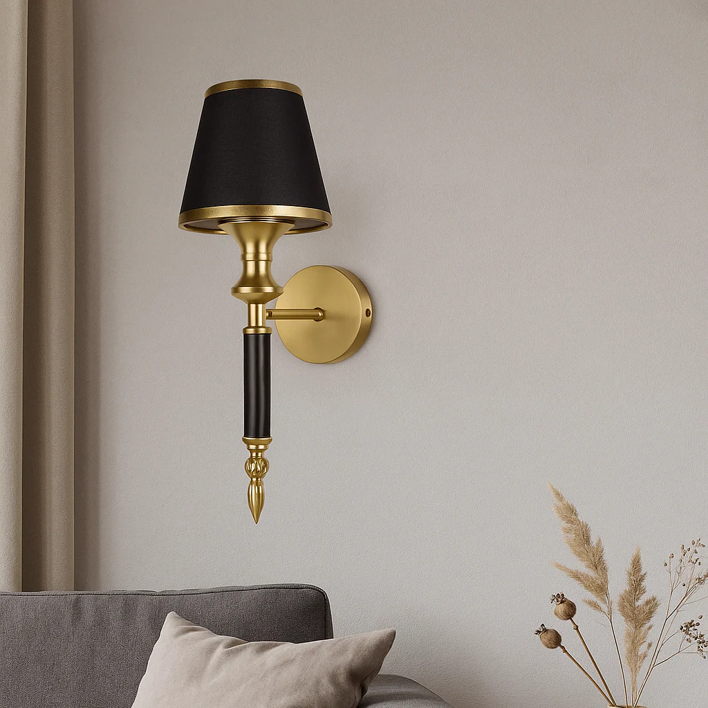 Luxury Brass & Black Wall Sconce Light with Fabric Shade – Elegant Decorative Wall Lamp for Living Room, Bedroom & Hallway - Image 3