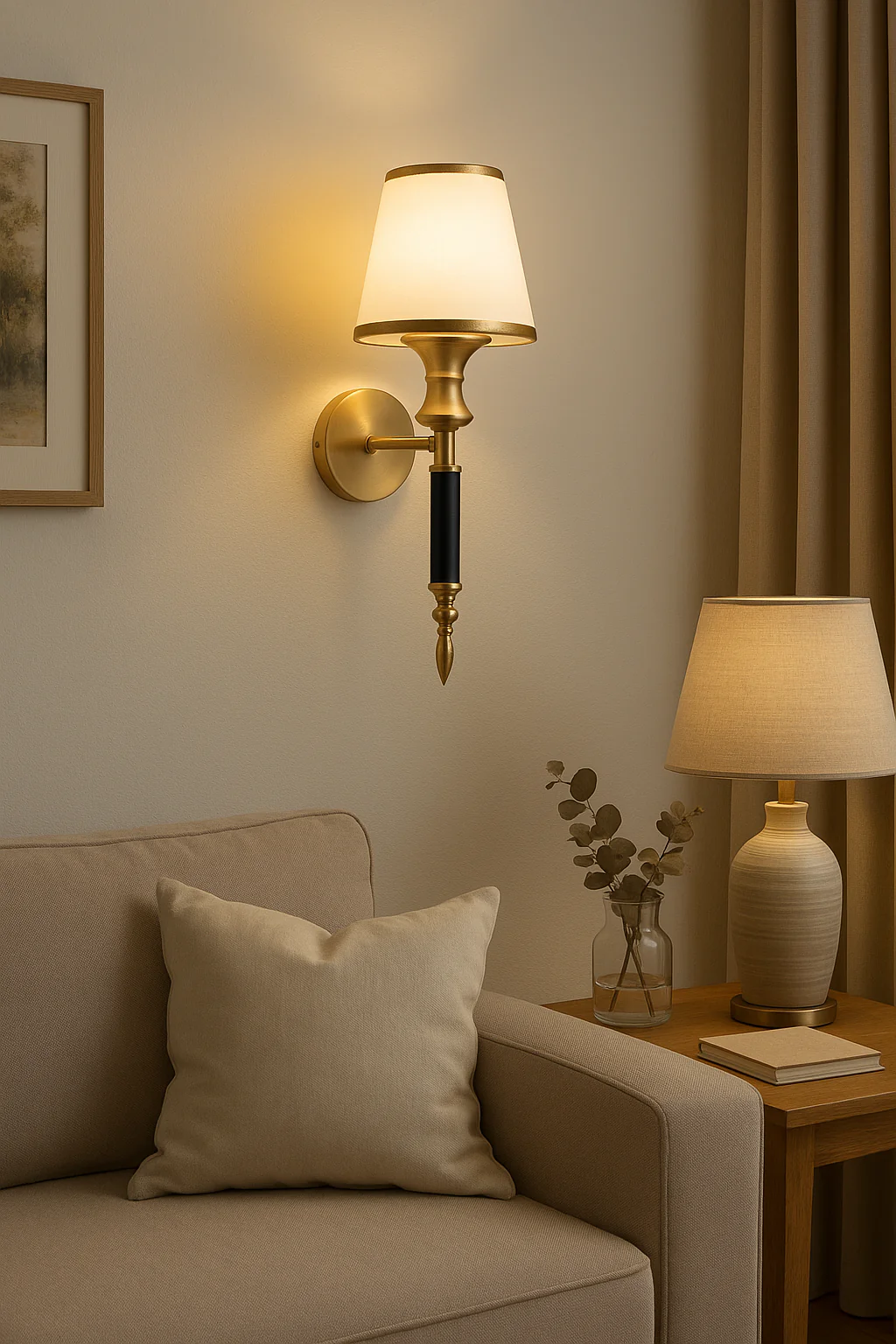 Luxury Brass & White Wall Sconce Light with Fabric Shade – Elegant Decorative Wall Lamp for Living Room, Bedroom & Hallway - Image 2