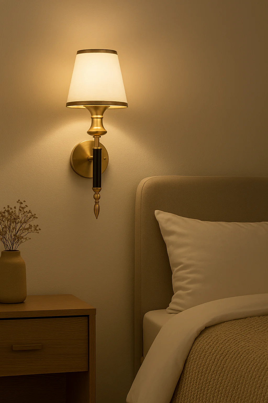 Luxury Brass & White Wall Sconce Light with Fabric Shade – Elegant Decorative Wall Lamp for Living Room, Bedroom & Hallway - Image 3