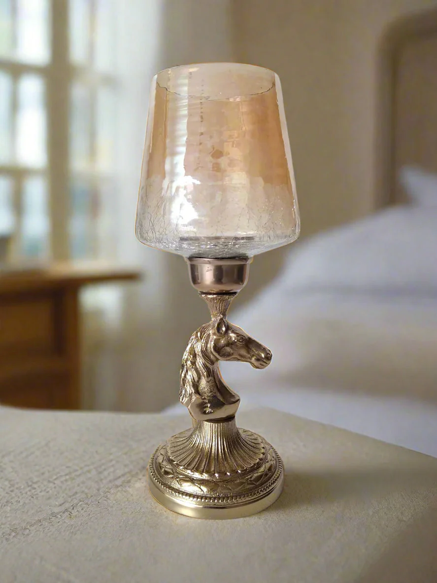 Luxury Horse Head Decorative Candle Holder with Crackle Glass Shade - Image 2
