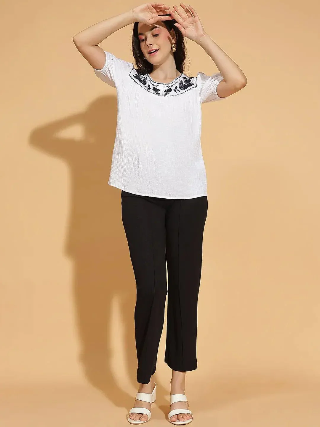 Luxury White Embroidered Short Sleeve Women’s Cotton Top - Image 2