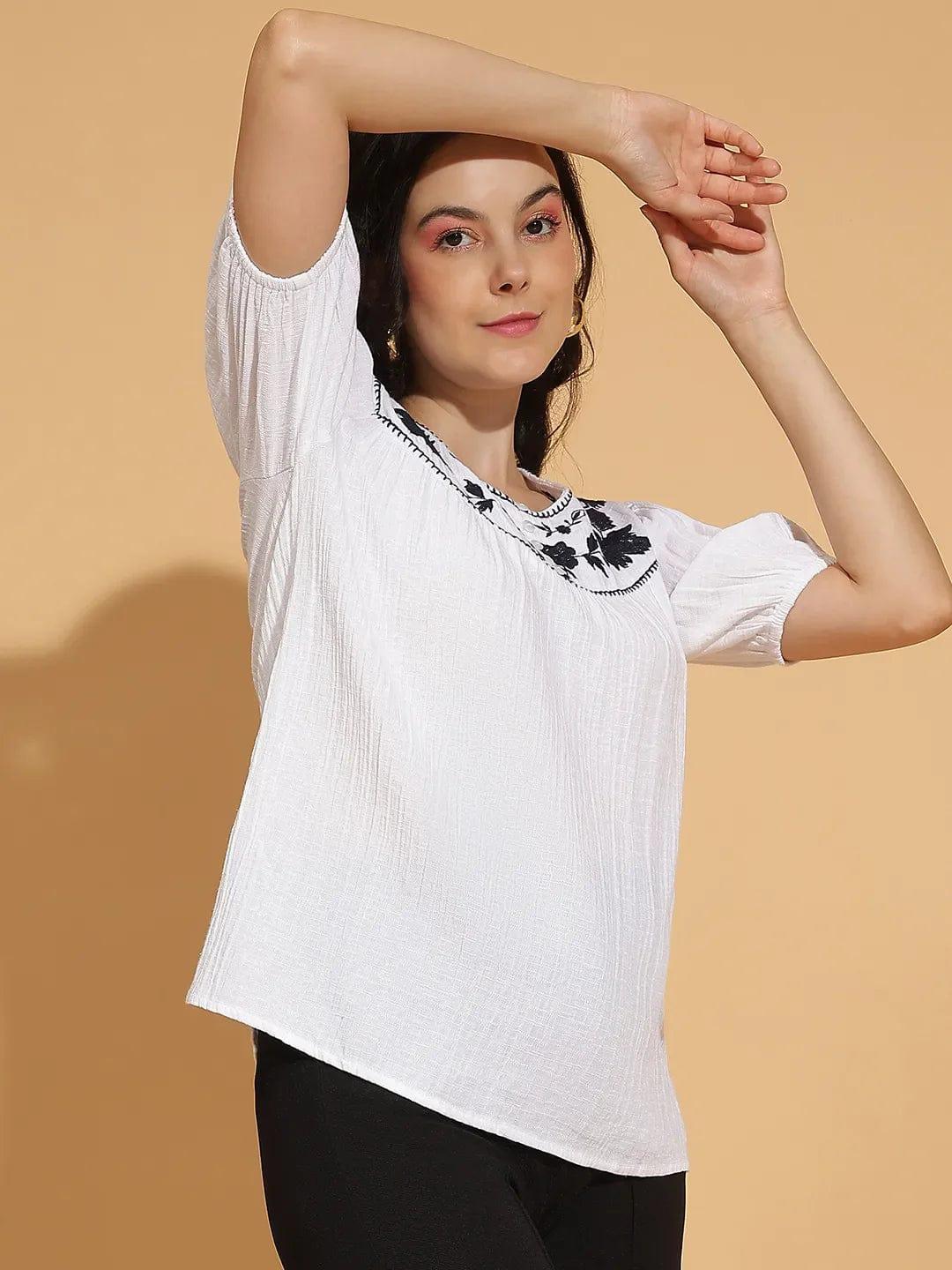 Luxury White Embroidered Short Sleeve Women’s Cotton Top - Image 4