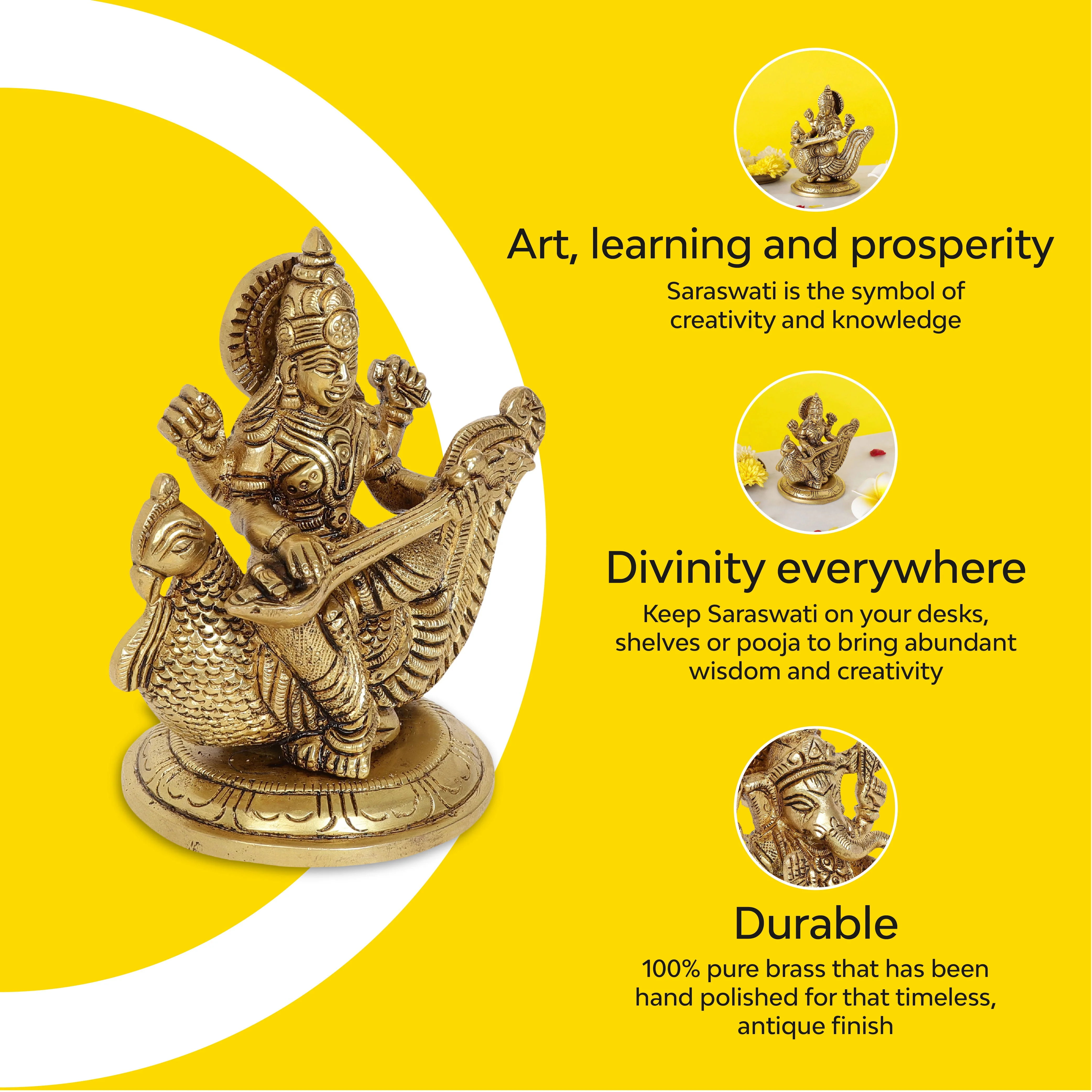 Ma Saraswati Brass Idol | 100% Pure Brass | Antique Finish - Image 8
