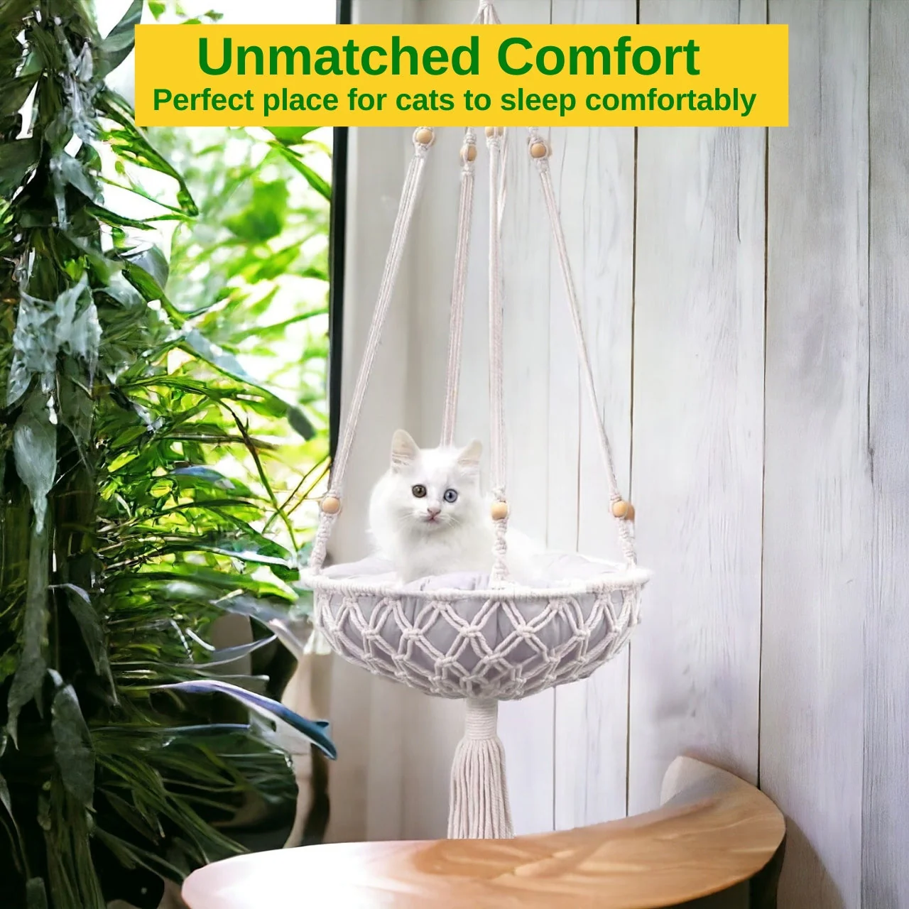 Macrame Hanging Cat Hammock with Cat Bed - Image 2