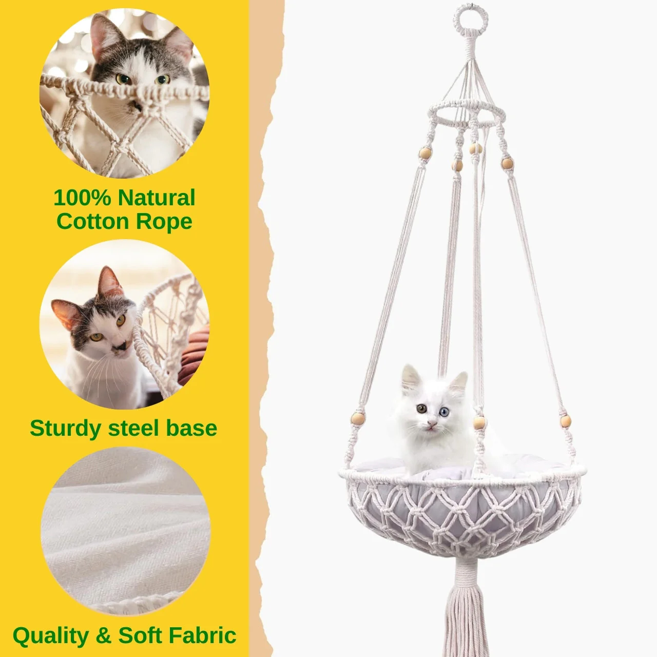 Macrame Hanging Cat Hammock with Cat Bed - Image 6