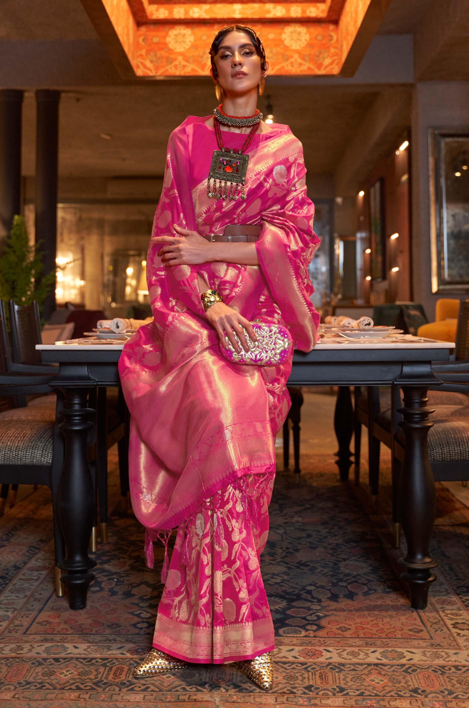 Magenta Pink Woven Banarasi Silk Saree