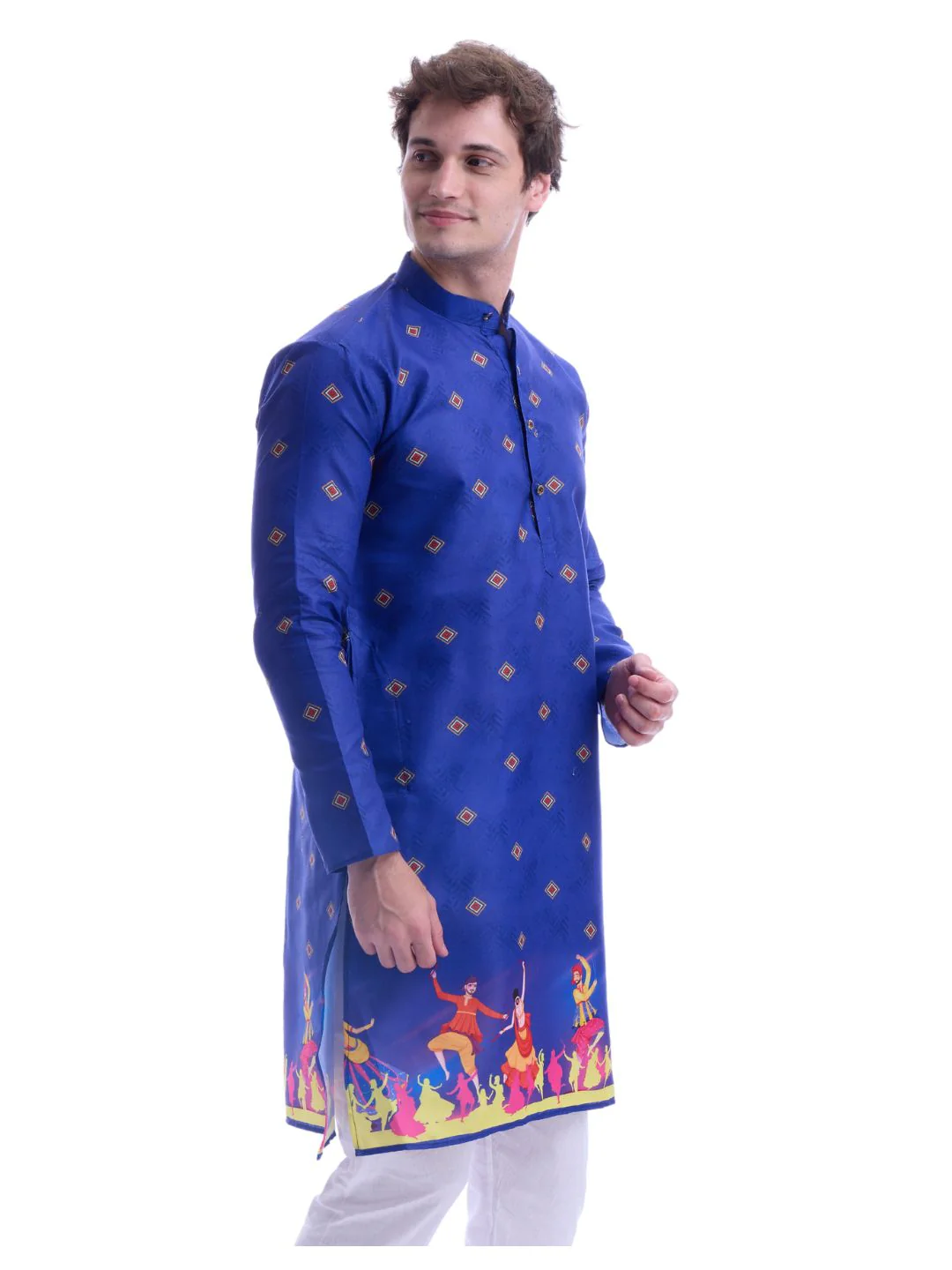 Magic Cotton Navratri Print Kurta Pyjama Set in Blue - Image 2