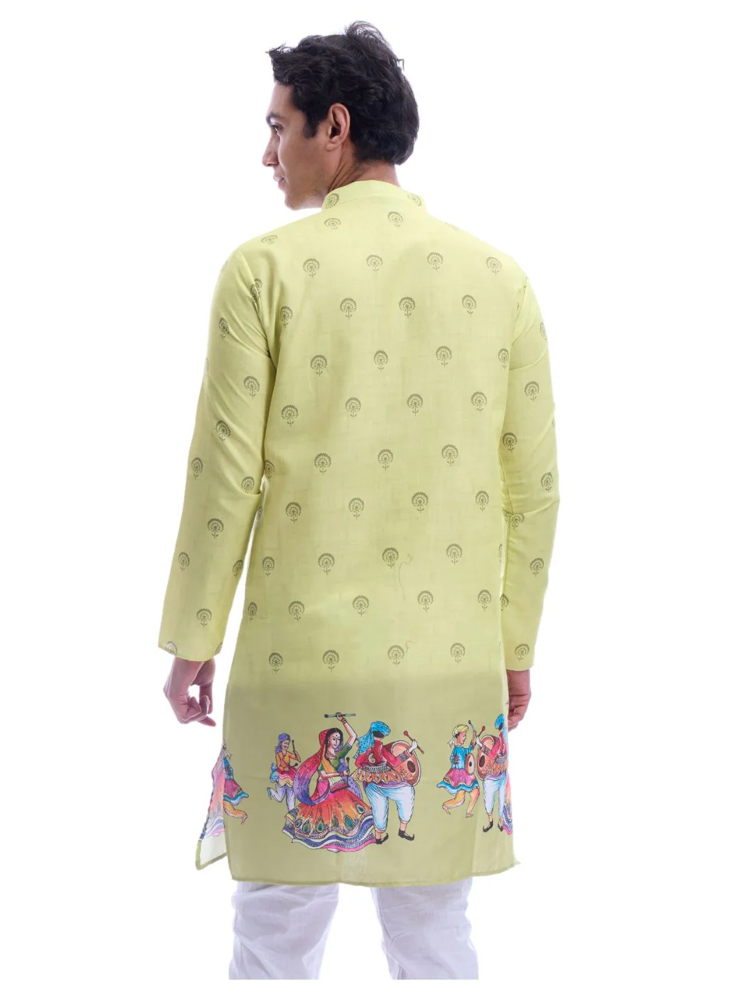Magic Cotton Navratri Print Kurta Pyjama Set in Green - Image 3