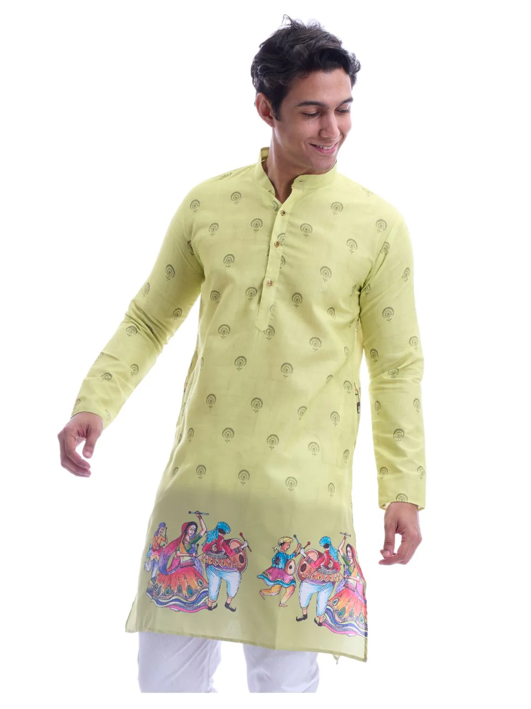Magic Cotton Navratri Print Kurta Pyjama Set in Green - Image 5