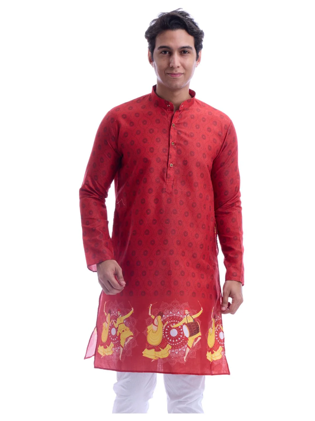 Magic Cotton Navratri Print Kurta Pyjama Set in Red