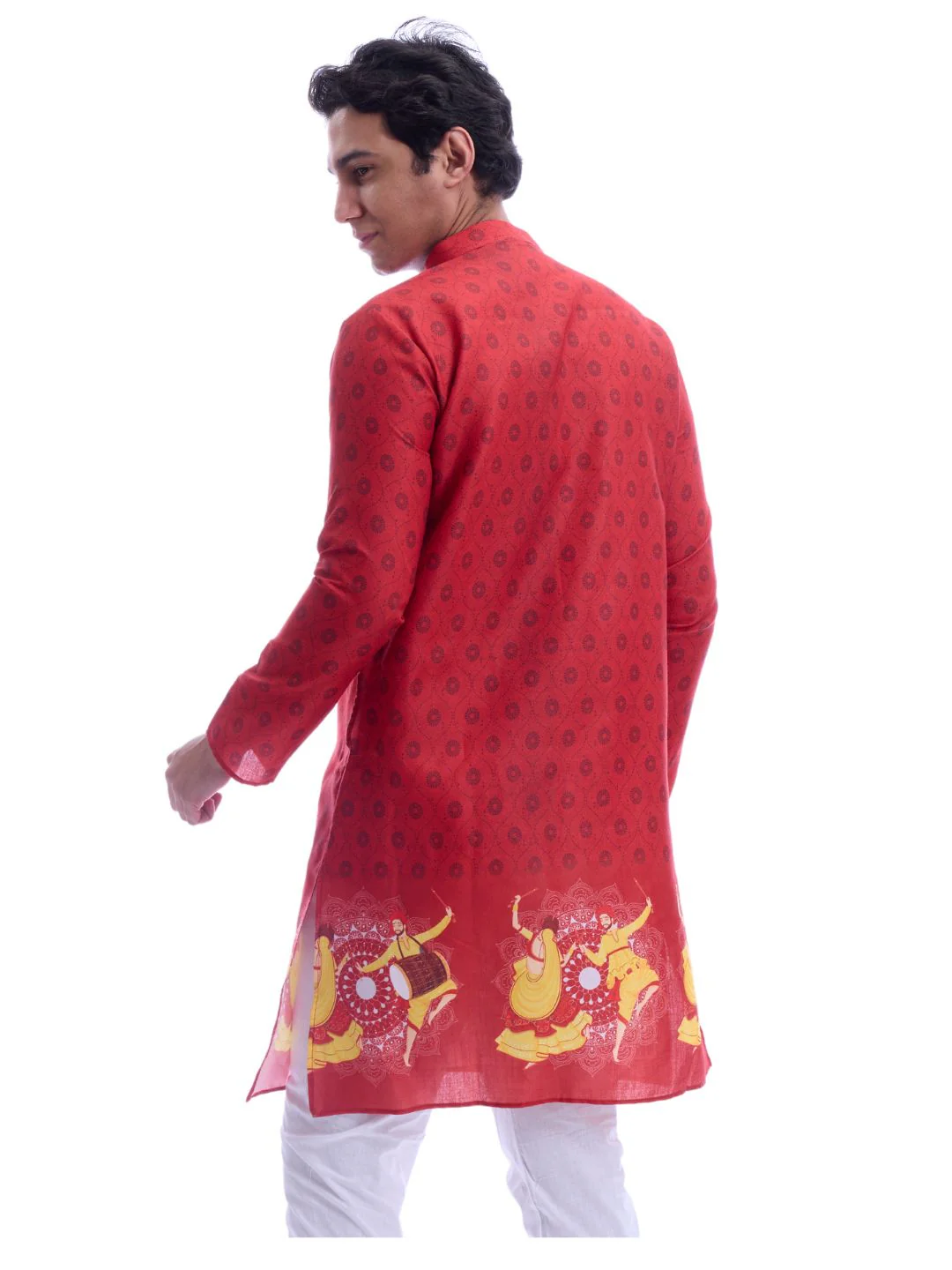 Magic Cotton Navratri Print Kurta Pyjama Set in Red - Image 4