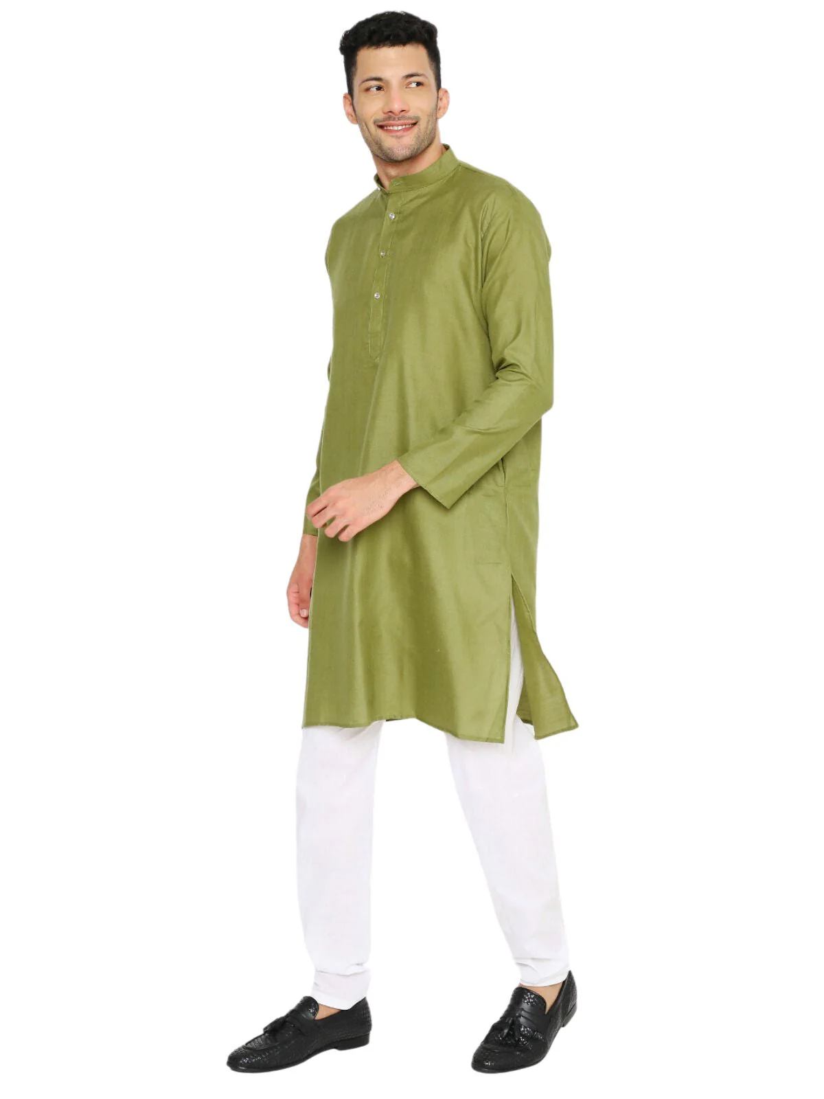 Magic Cotton Solid Kurta in Olive Green - Image 3