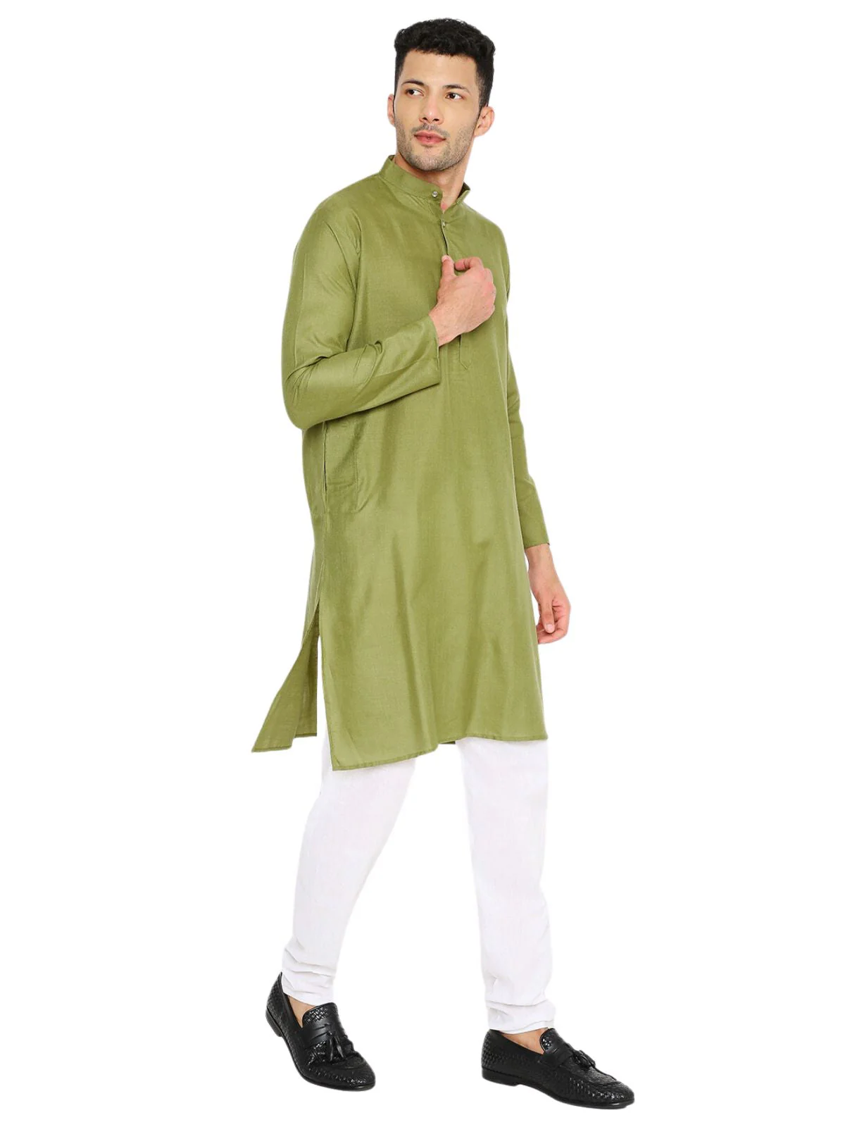 Magic Cotton Solid Kurta in Olive Green - Image 4