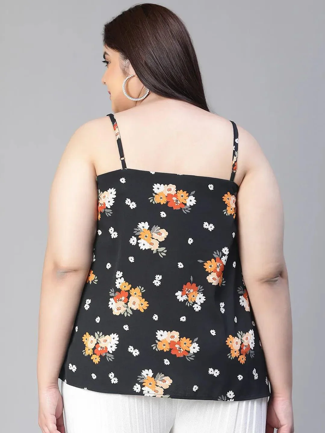 Magnified Black Shoulder Strap Floral Print Plus Size Loopy Top - Image 5