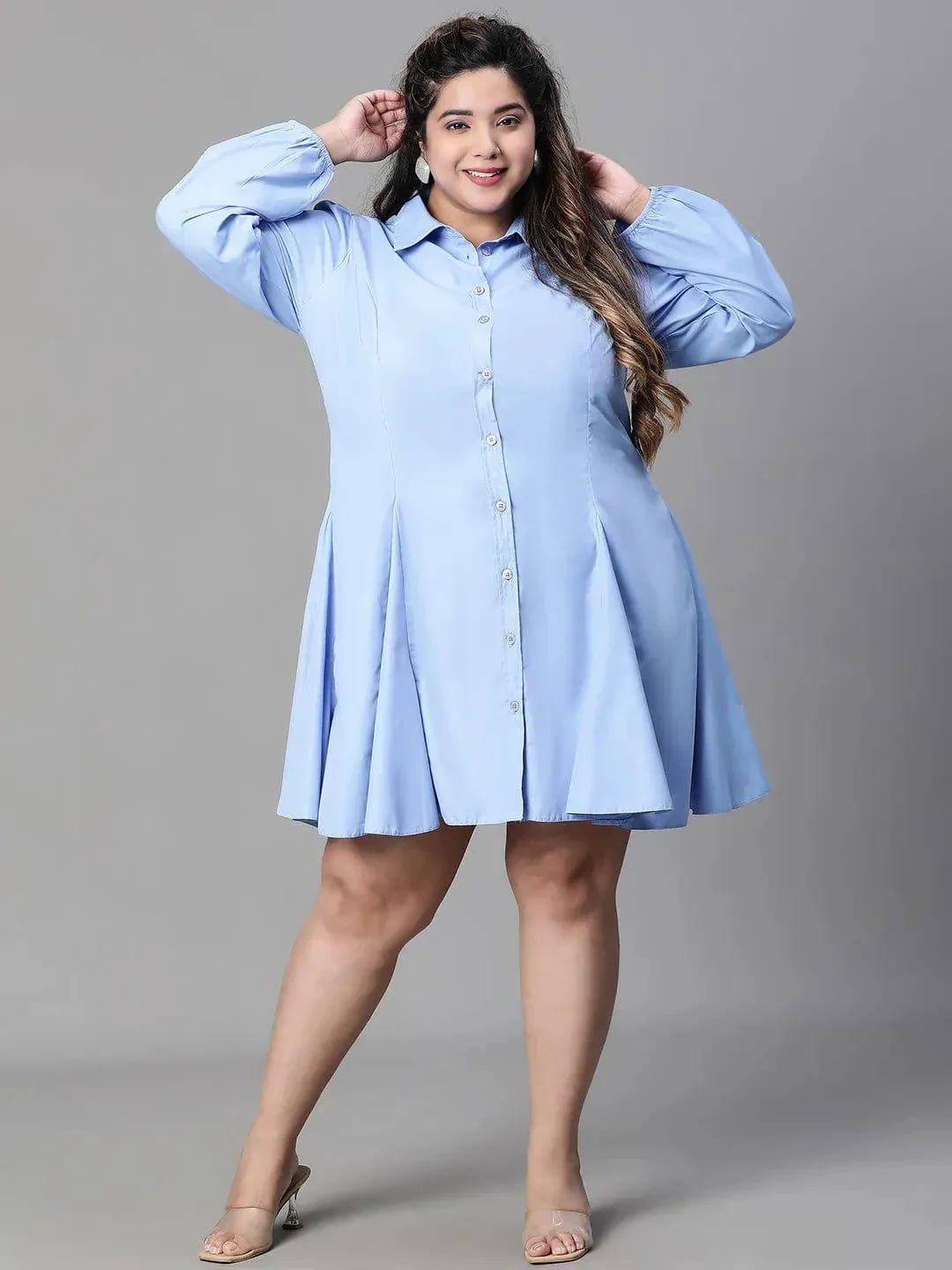 Magnified Blue Long Sleeve Button Down Plus Size Curvy Women Cotton Dress - Image 2