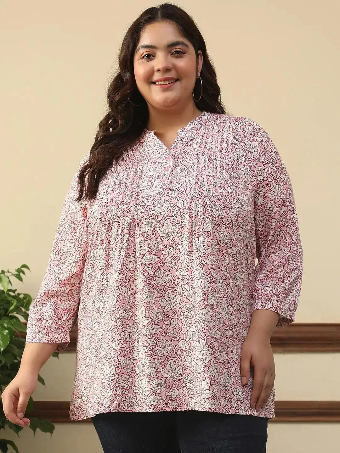 Majestic Pink Floral Rayon Print Plus Size Women Top With Button Front, Pleated Details, And Long Sleeves.