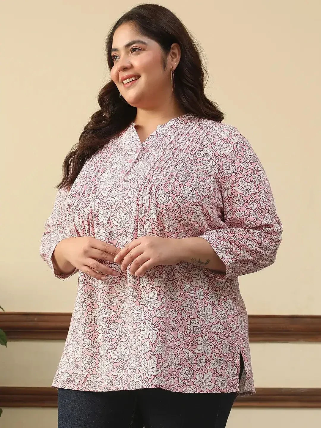 Majestic Pink Floral Rayon Print Plus Size Women Top With Button Front, Pleated Details, And Long Sleeves. - Image 3