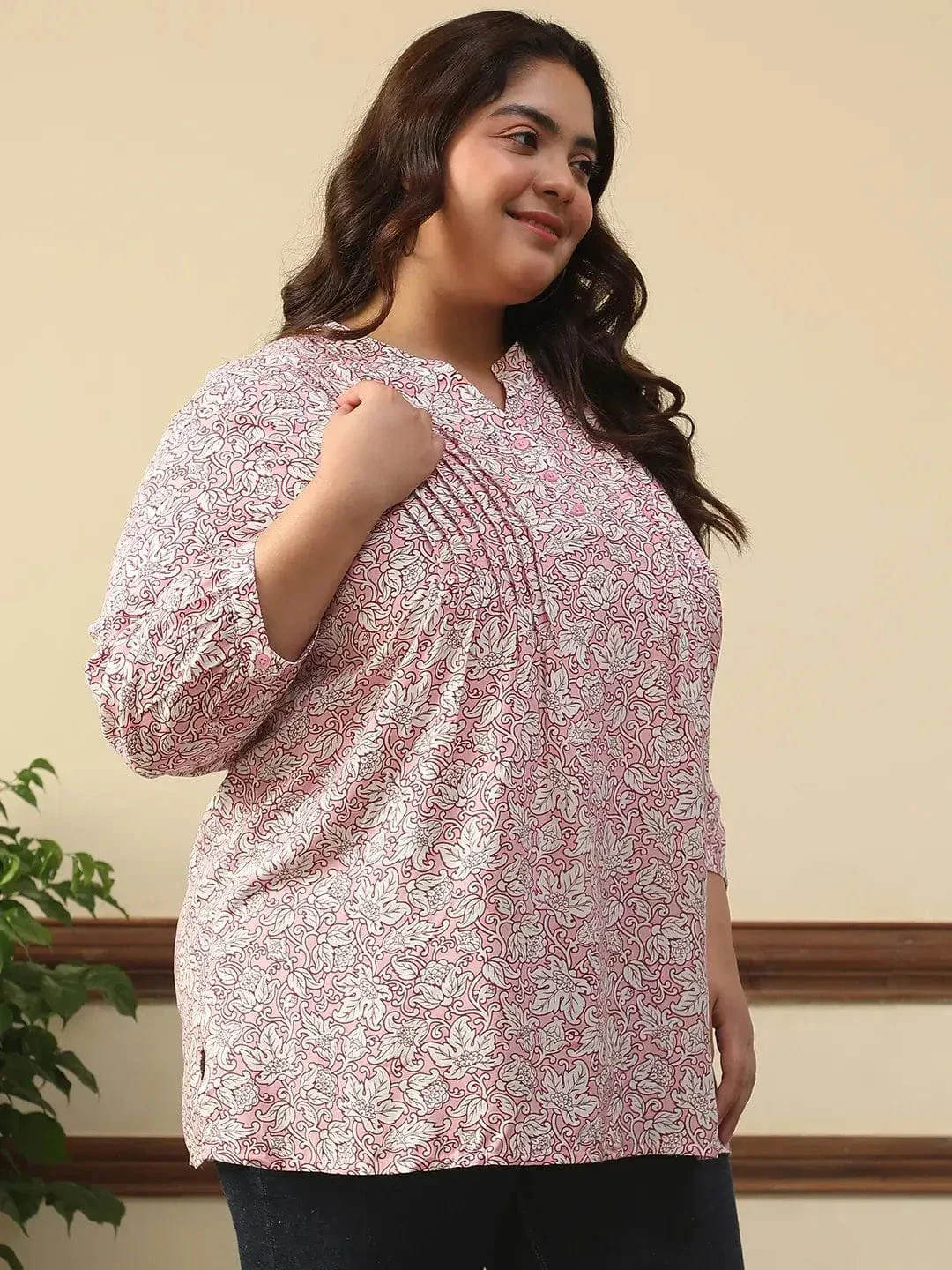 Majestic Pink Floral Rayon Print Plus Size Women Top With Button Front, Pleated Details, And Long Sleeves. - Image 4