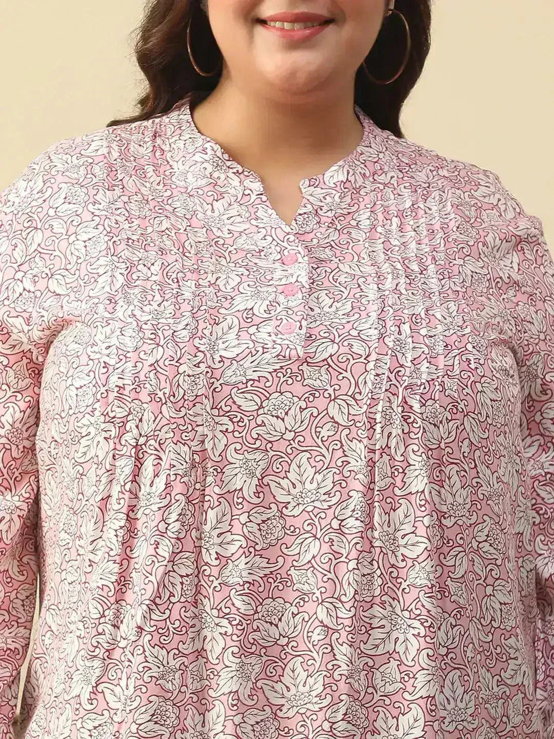 Majestic Pink Floral Rayon Print Plus Size Women Top With Button Front, Pleated Details, And Long Sleeves. - Image 6