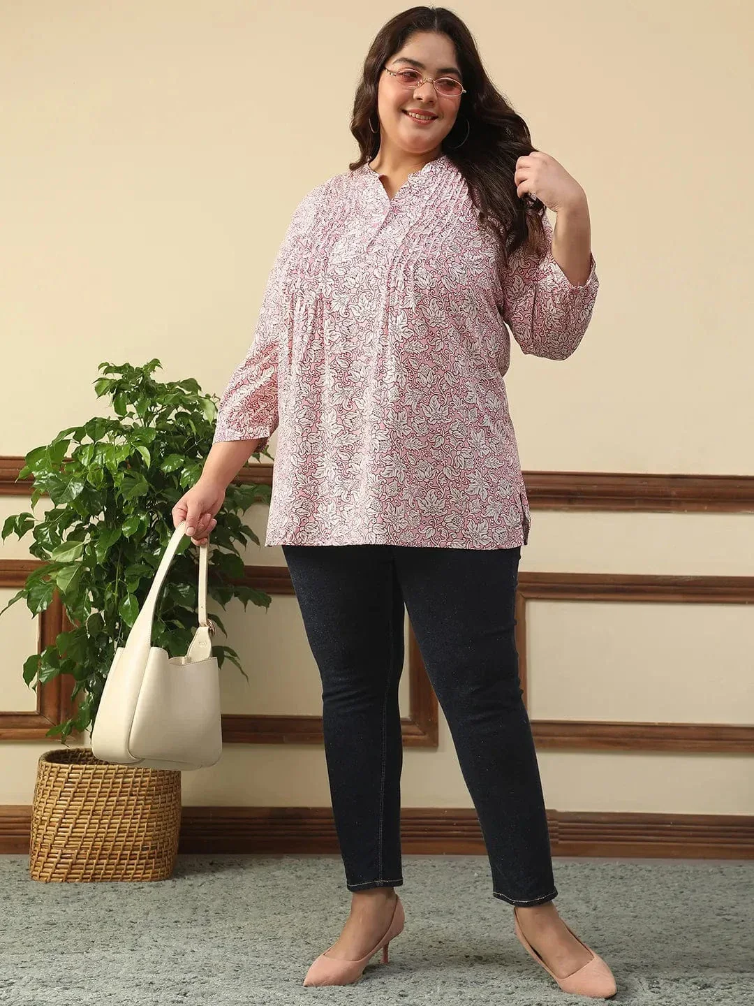 Majestic Pink Floral Rayon Print Plus Size Women Top With Button Front, Pleated Details, And Long Sleeves. - Image 7