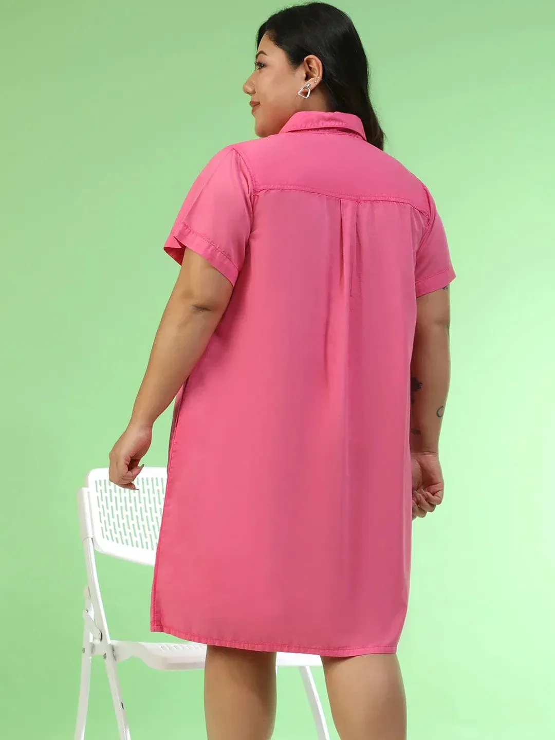 Mania Pink Collared Button Detail Short Sleeve Plus Size Women Cotton Dress - Image 5