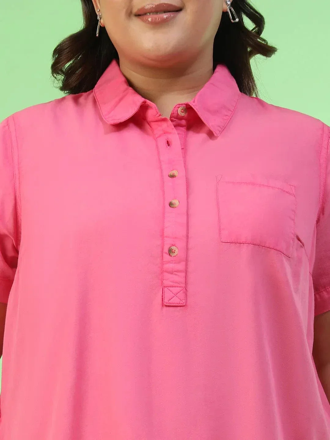 Mania Pink Collared Button Detail Short Sleeve Plus Size Women Cotton Dress - Image 6