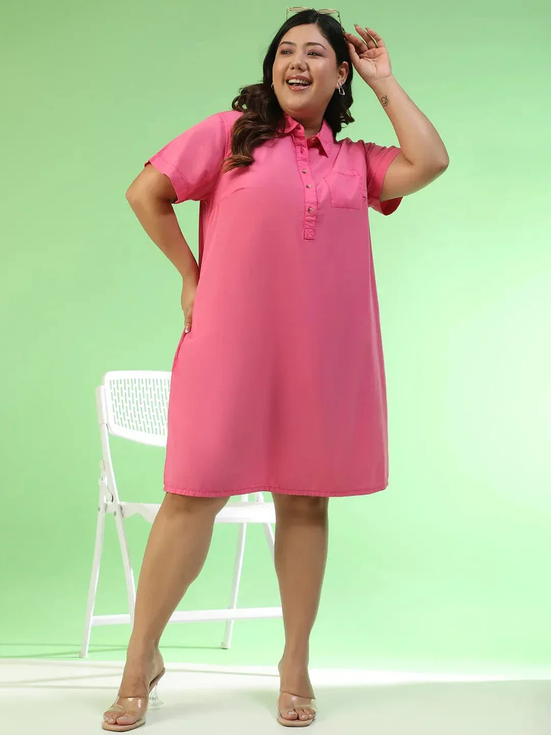Mania Pink Collared Button Detail Short Sleeve Plus Size Women Cotton Dress - Image 8