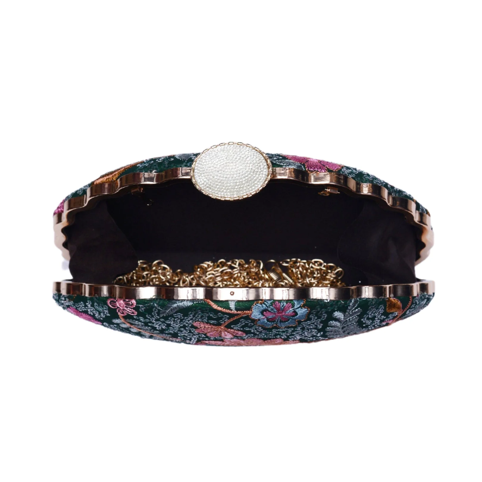 Marine Green Embroidered Half Moon Clutch - Image 3