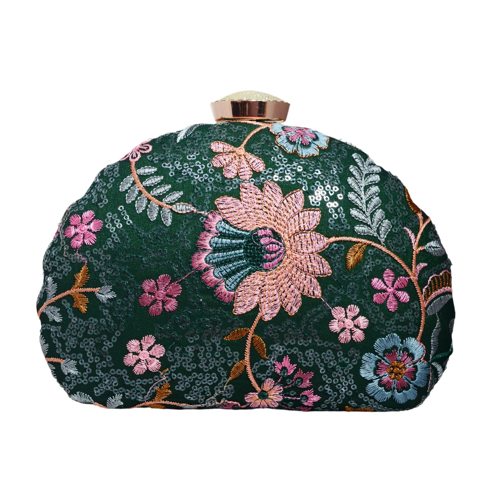 Marine Green Embroidered Half Moon Clutch - Image 4