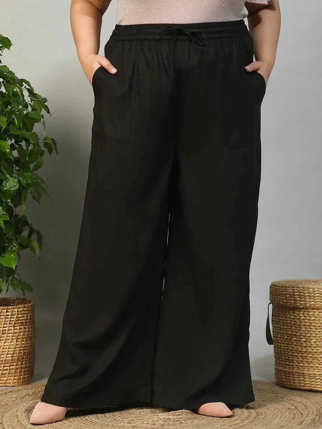 Marked Black Elasticated With Tie -Up Detail Plus Size Women Cotton Linen Flare Pant