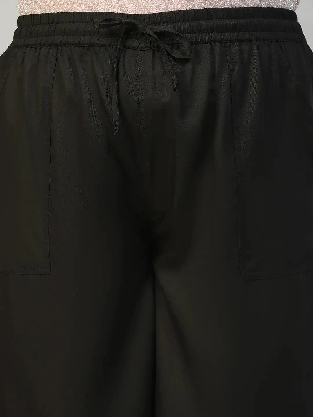 Marked Black Elasticated With Tie -Up Detail Plus Size Women Cotton Linen Flare Pant - Image 6
