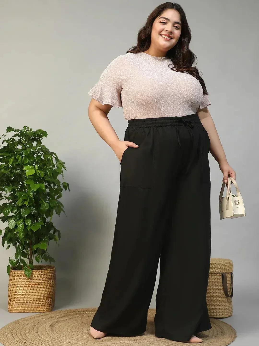 Marked Black Elasticated With Tie -Up Detail Plus Size Women Cotton Linen Flare Pant - Image 8