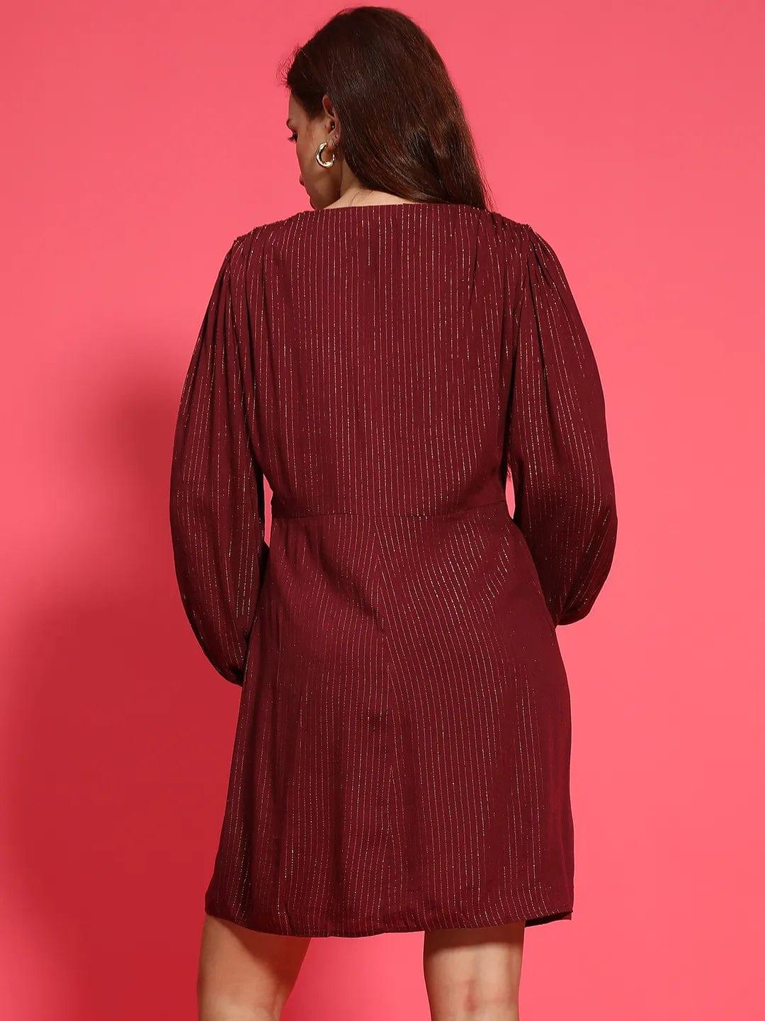 Maroon Long Sleeve Gathered Pleated Women Lurex Dress - Image 5